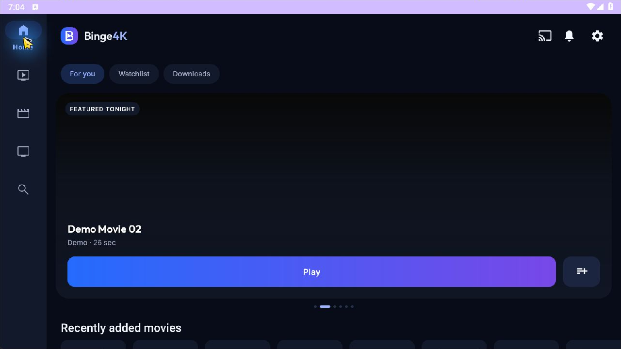 Binge4K Player running its clearly labelled demo library